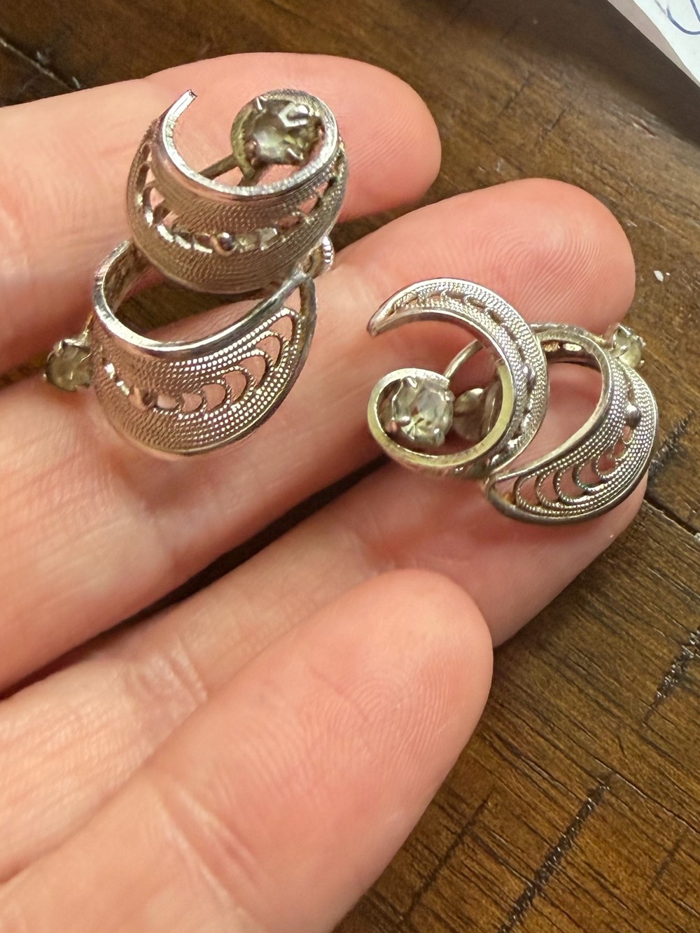 Vintage Classic Silver-Tone double Crescent screw back earrings